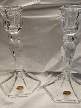 Teleflora Crystal Glass Candlestick Pair (2) - Made in France Approx 7.5 Inches